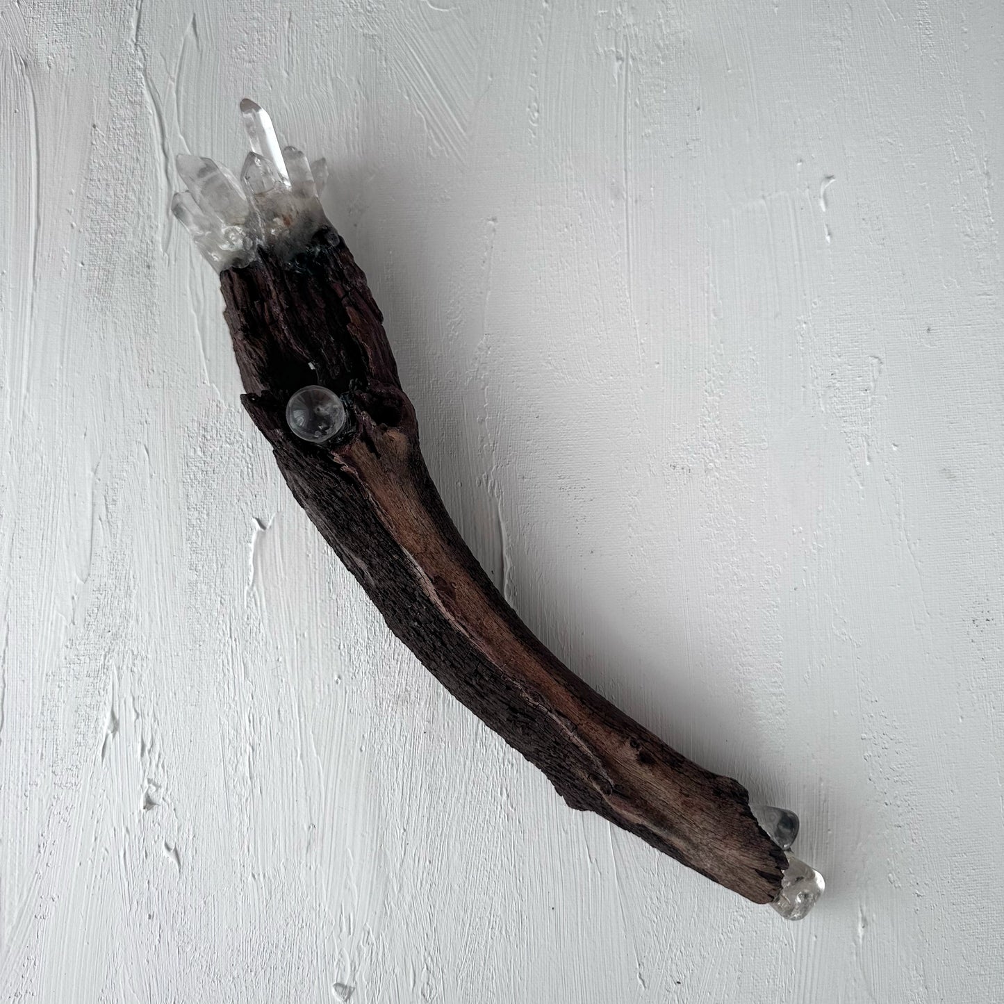 Mopane wood wand with quartz crystals