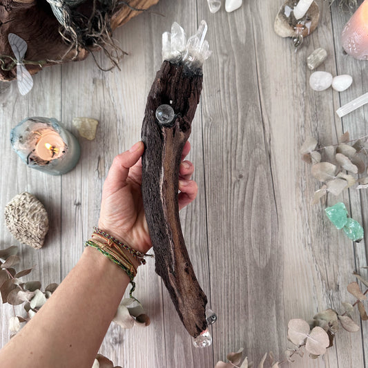 Mopane wood wand with quartz crystals (free shipping)